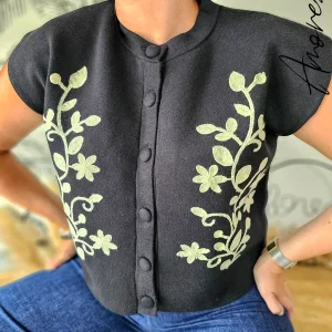 Gilet Prima — Gilet Noir Sans Manches Broderie Botanique Femme