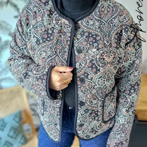 Veste Raven — Veste Matelassée Noire Imprimé Rose Femme