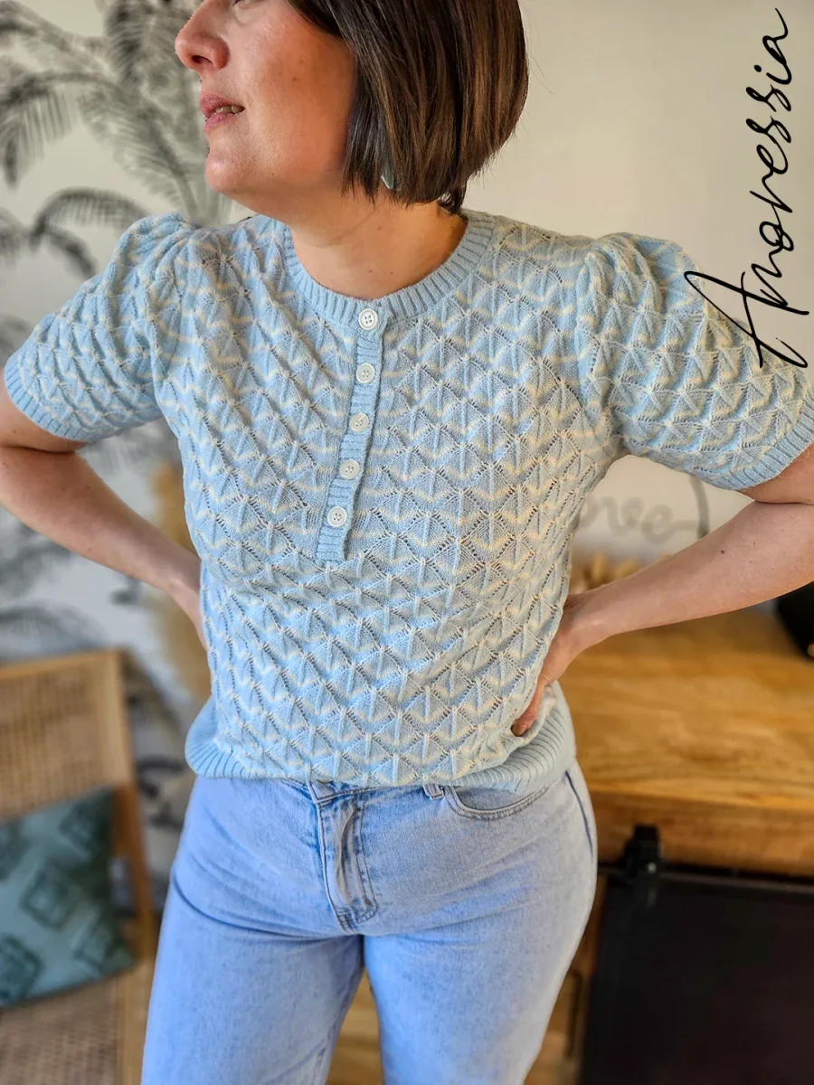 Pull Azurin — Pull Maille Bleu Ciel Manches Courtes Femme – Image 2