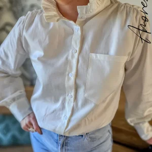 Chemise Alondra — Chemise Blanche Col Haut Volanté Femme