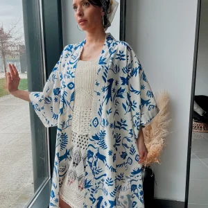 Kimono long imprimé bleu – Style bohème chic Bleu